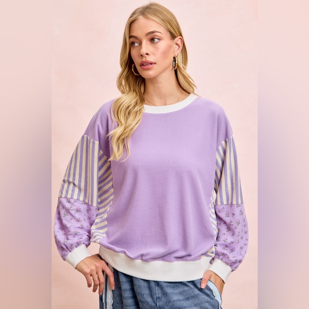 BiBi Floral Sleeve Striped Sweatshirt Lavender Combo Mixed Print Top S M L🛍️